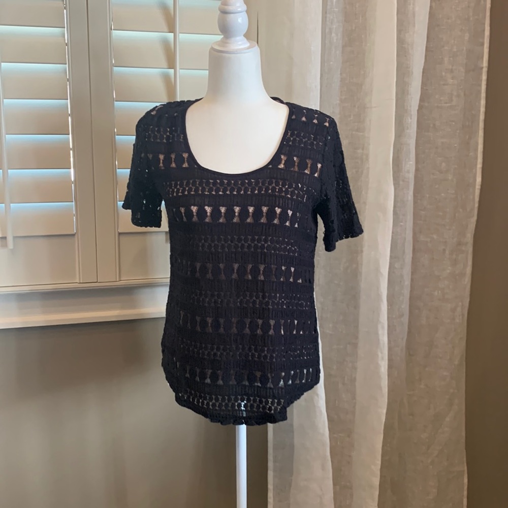 Black lace and tan short sleeve top